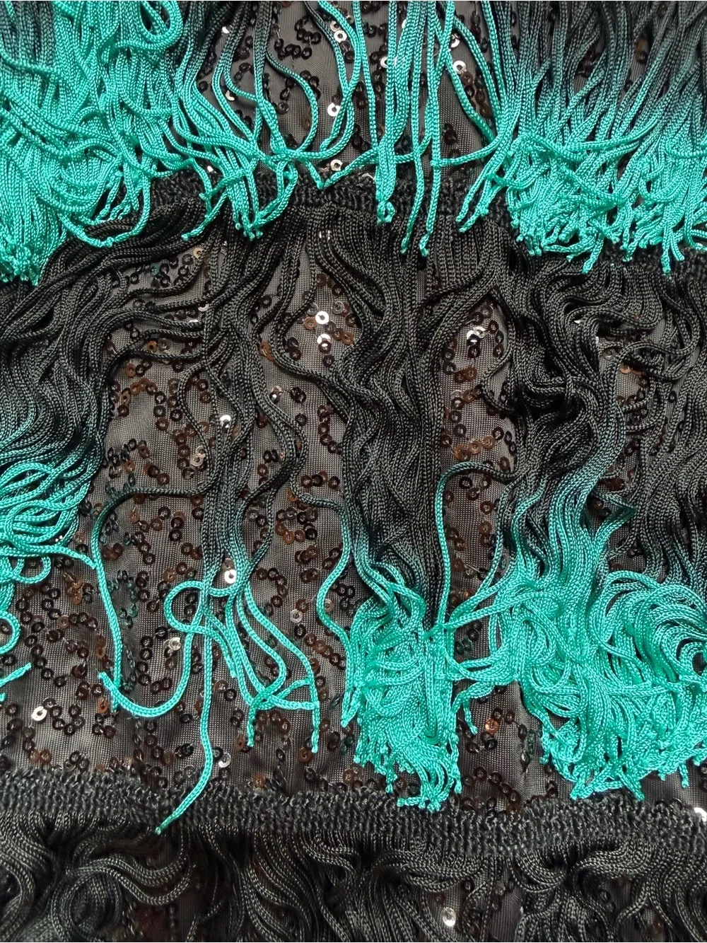 Weissman LC Black Turquoise Fringe Dance Costume Sequin Halter Jazz Lyrical